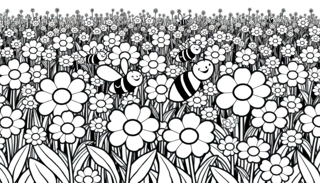 Schwarz-weiße Farbtafel eines fröhlichen Blumenfeldes mit summenden Bienen.
