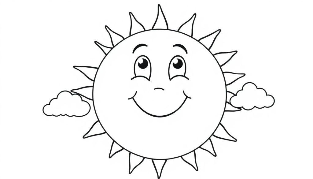 Schwarz-weiße Farbtafel einer freundlichen Cartoon-Sonne mit lächelnden Strahlen und zwei kleinen Wolken, bereit zum Ausmalen.