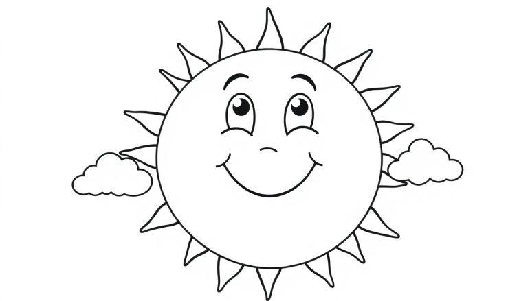 Schwarz-weiße Farbtafel einer freundlichen Cartoon-Sonne mit lächelnden Strahlen und zwei kleinen Wolken, bereit zum Ausmalen.