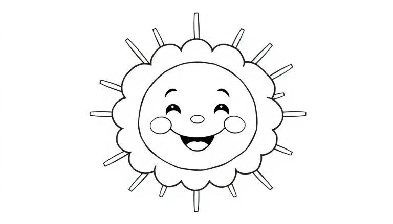 Schwarz-weiße Farbtafel-Zeichnung einer fröhlichen Sonne mit einem lächelnden Gesicht und rechteckigen Strahlen.
