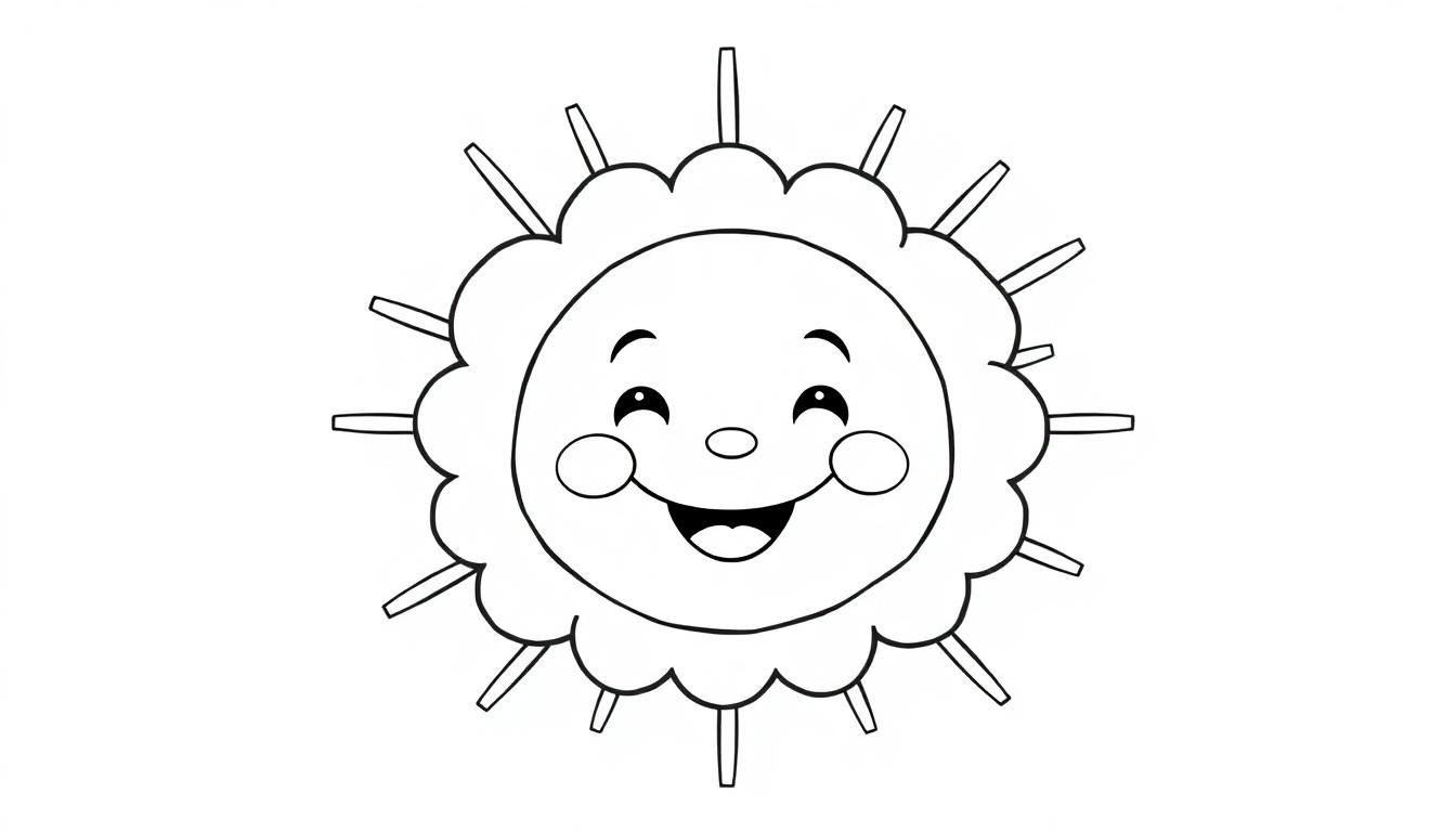 Schwarz-weiße Farbtafel-Zeichnung einer fröhlichen Sonne mit einem lächelnden Gesicht und rechteckigen Strahlen.