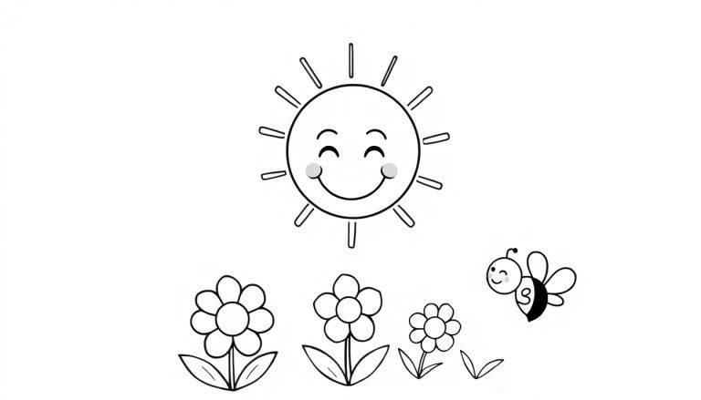 Sonnige Cartoon-Farbtafel mit lächelnder Sonne, Blumen und einer Biene.