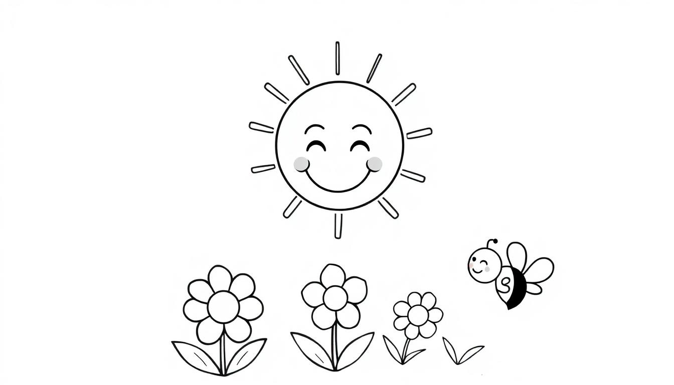 Sonnige Cartoon-Farbtafel mit lächelnder Sonne, Blumen und einer Biene.