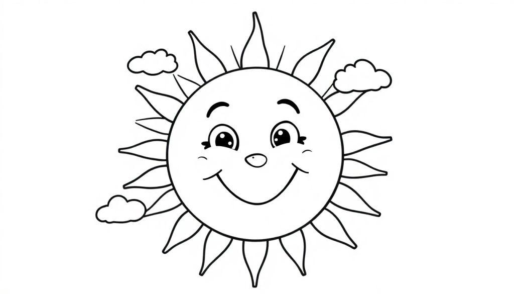 Eine lächelnde Sonne mit Wolken, bereit zum Ausmalen, eine Farbtafel für Kinder.