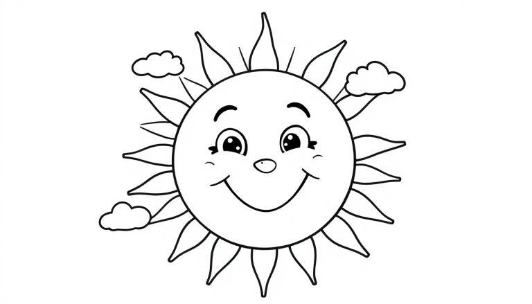 Eine lächelnde Sonne mit Wolken, bereit zum Ausmalen, eine Farbtafel für Kinder.