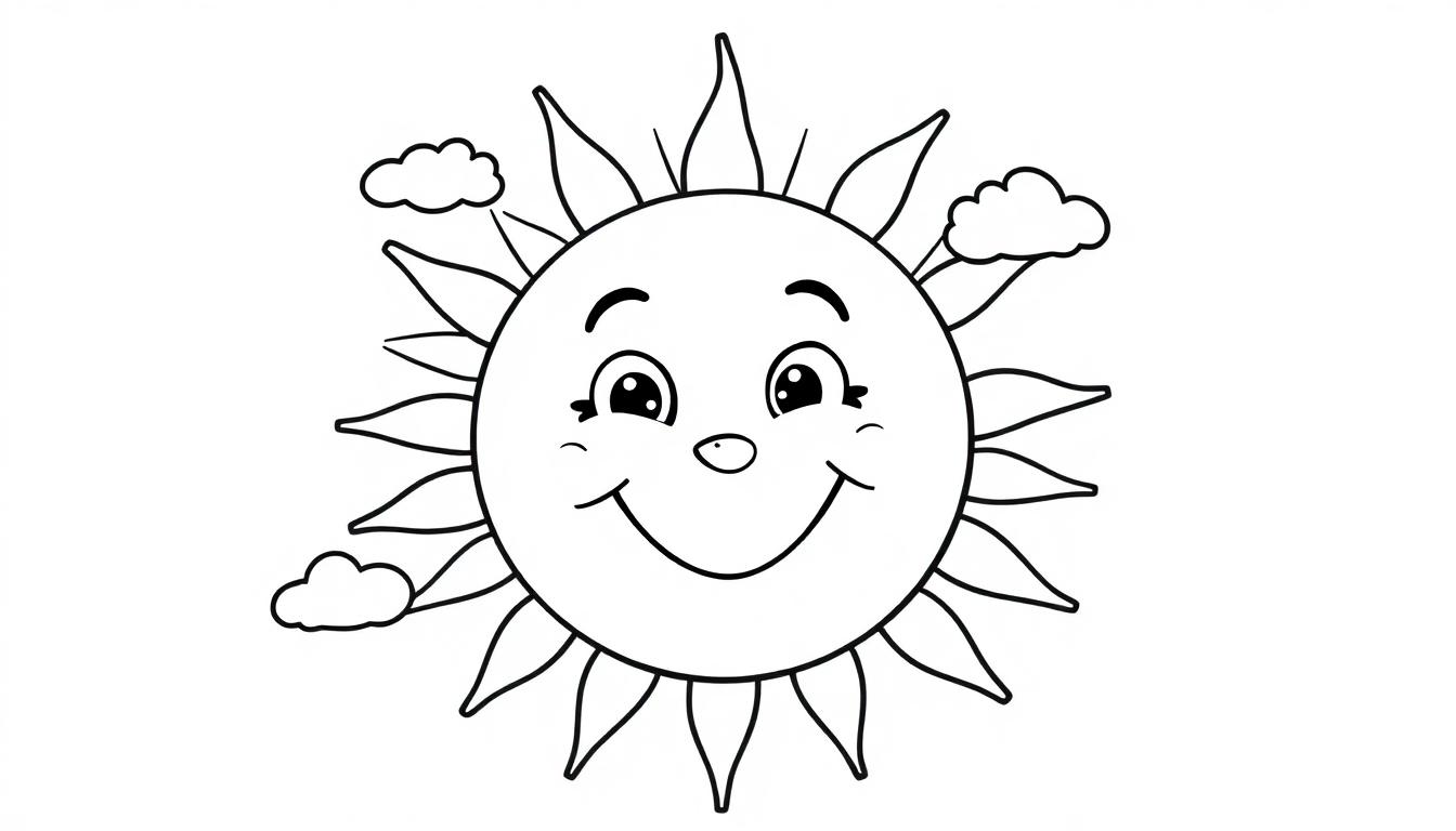 Eine lächelnde Sonne mit Wolken, bereit zum Ausmalen, eine Farbtafel für Kinder.