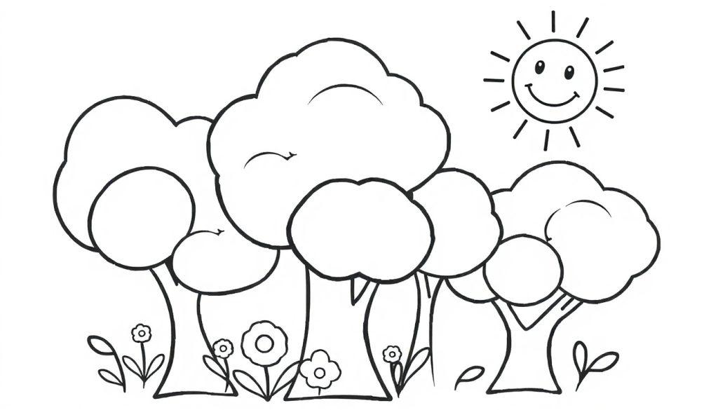 Eine Schwarz-Weiß-Farbtafel mit niedlichen Bäumen, Blumen und einer lachenden Sonne im Cartoon-Stil.