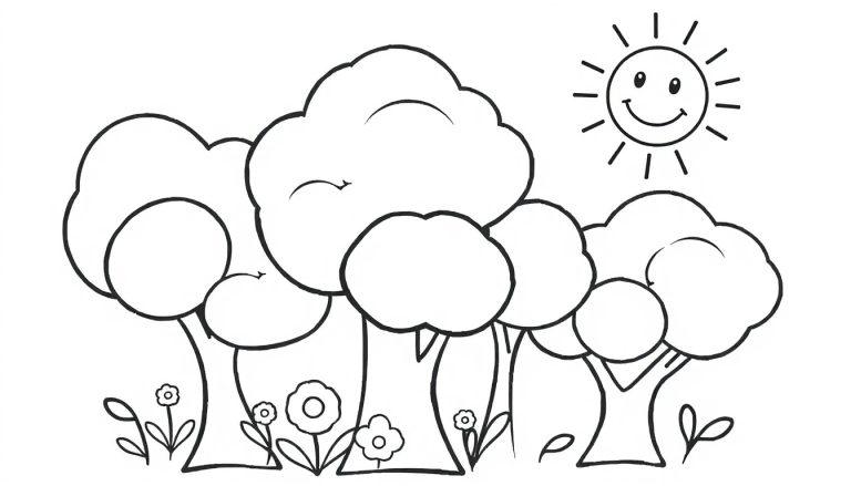 Eine Schwarz-Weiß-Farbtafel mit niedlichen Bäumen, Blumen und einer lachenden Sonne im Cartoon-Stil.