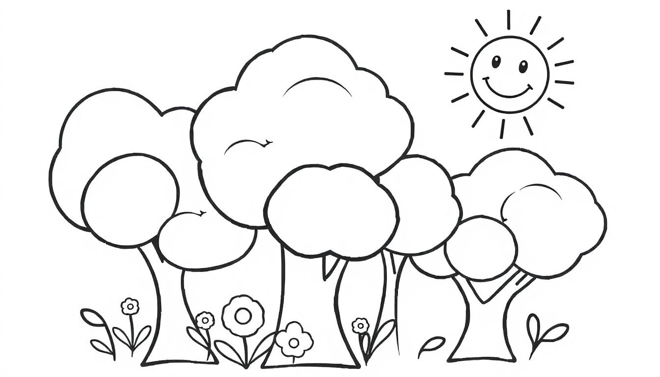 Eine Schwarz-Weiß-Farbtafel mit niedlichen Bäumen, Blumen und einer lachenden Sonne im Cartoon-Stil.