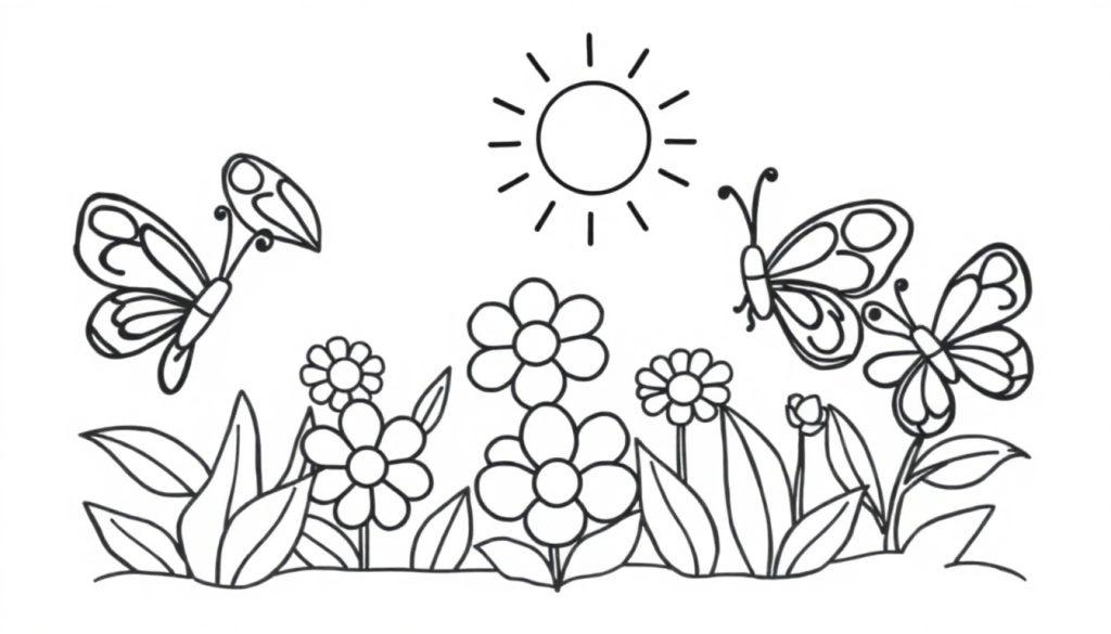 Schwarz-weiße Farbtafel-Zeichnung eines Gartens mit Sonne und Schmetterlingen zum Ausmalen für Kinder.