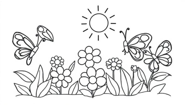 Schwarz-weiße Farbtafel-Zeichnung eines Gartens mit Sonne und Schmetterlingen zum Ausmalen für Kinder.
