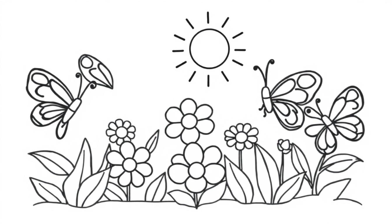 Schwarz-weiße Farbtafel-Zeichnung eines Gartens mit Sonne und Schmetterlingen zum Ausmalen für Kinder.