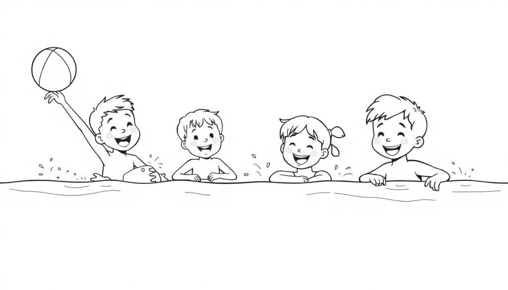 Schwarz-Weiß-Farbtafel: Vier lächelnde Kinder planschen im Wasser und haben Spaß, das erste von links hält einen Ball hoch.