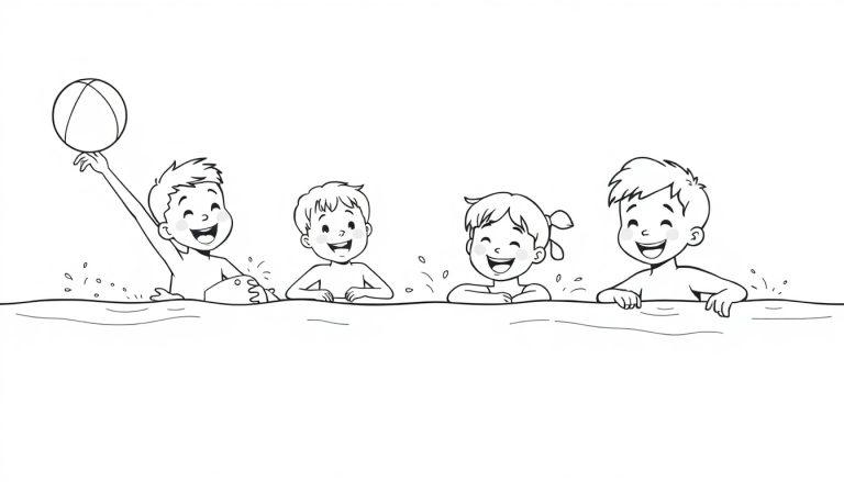 Schwarz-Weiß-Farbtafel: Vier lächelnde Kinder planschen im Wasser und haben Spaß, das erste von links hält einen Ball hoch.