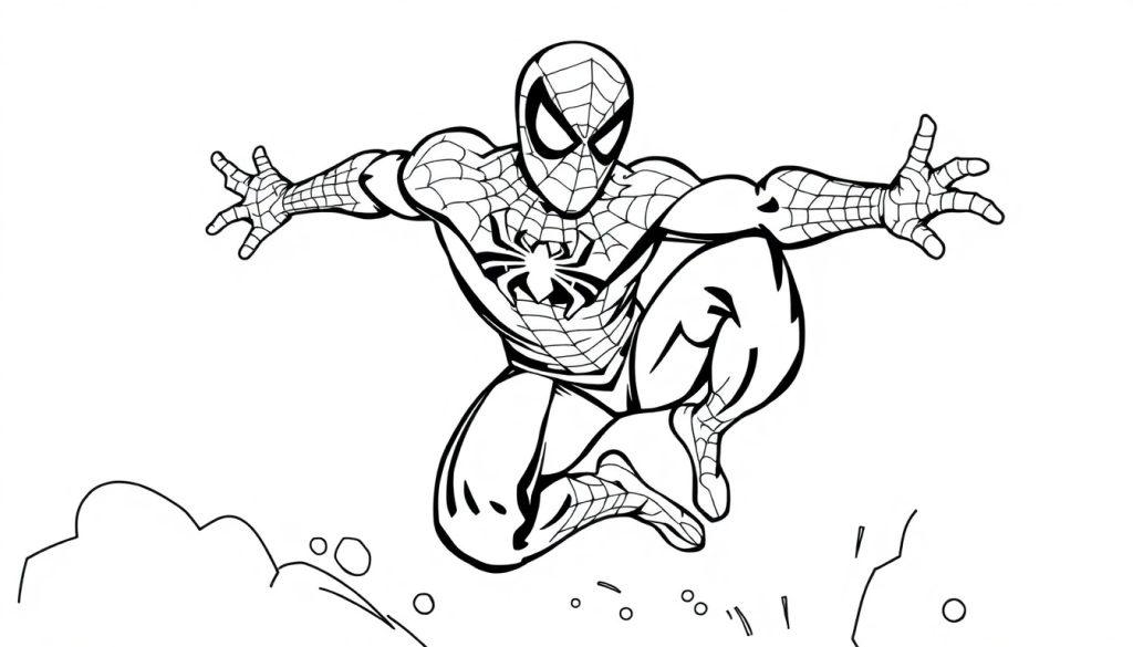 Spider-Man in einer Netz-Pose, bereit zum Sprung.
