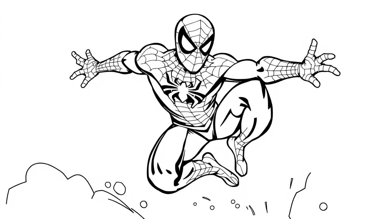Spider-Man in einer Netz-Pose, bereit zum Sprung.