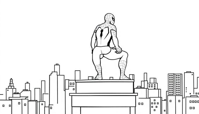 Schwarz-Weiß-Illustration von Spider-Man auf einem Hochhausdach, der auf die Stadt blickt.