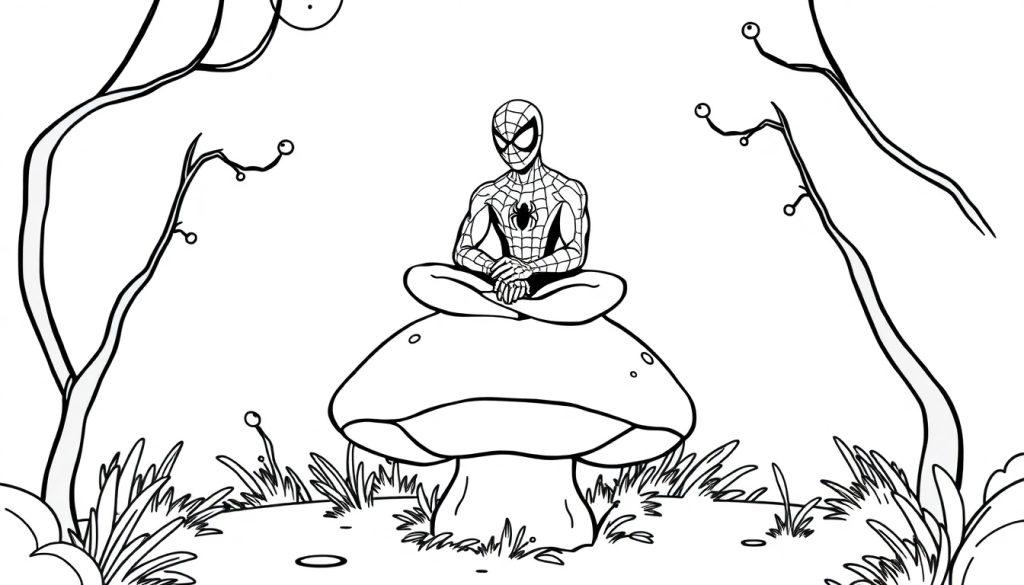 Spiderman in Meditationspose auf einem Pilz im Wald
