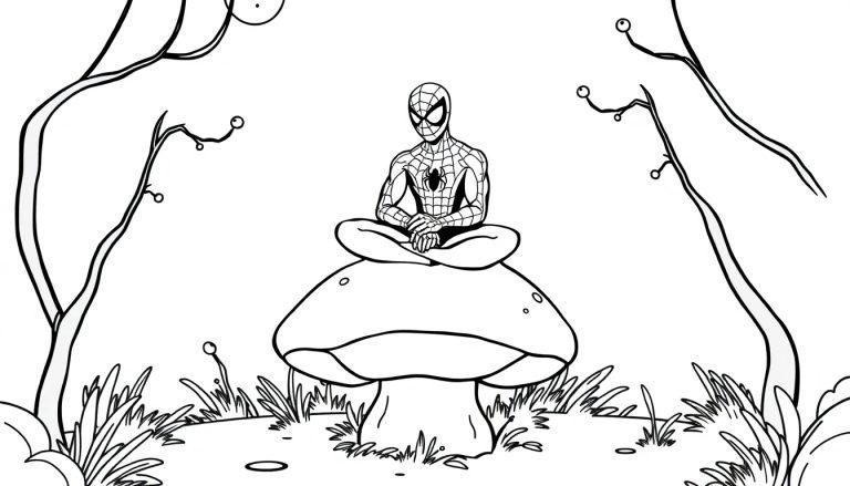 Spiderman in Meditationspose auf einem Pilz im Wald