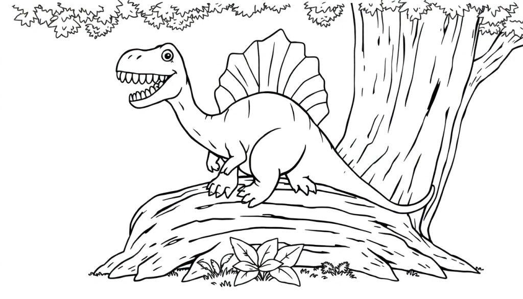 Schwarz-Weiß-Farbtafel eines freundlichen Spinosaurus auf einem Baumstamm.
