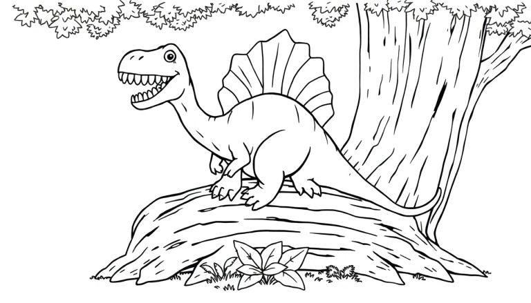 Schwarz-Weiß-Farbtafel eines freundlichen Spinosaurus auf einem Baumstamm.