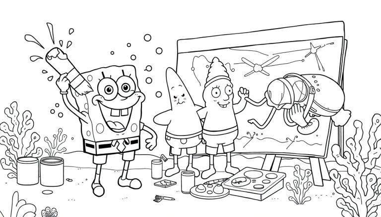 Schwarz-Weiß-Farbtafel: SpongeBob malt mit Freunden im Bikini Bottom.