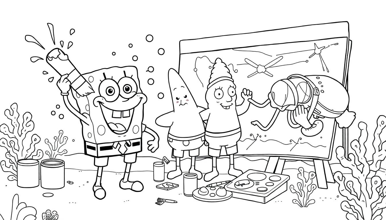 Schwarz-Weiß-Farbtafel: SpongeBob malt mit Freunden im Bikini Bottom.
