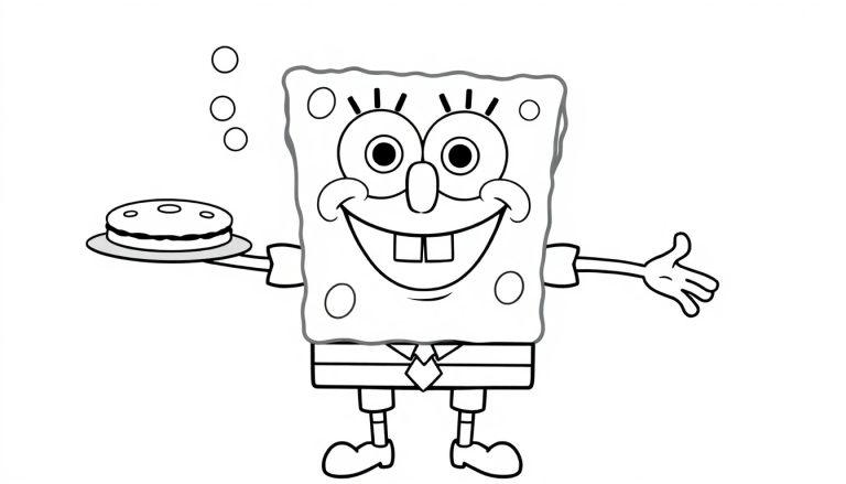 Spongebob Schwammkopf mit einem Kuchen, bereit für seine Farbtafel.