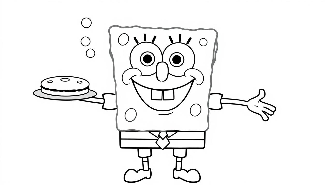 Spongebob Schwammkopf mit einem Kuchen, bereit für seine Farbtafel.