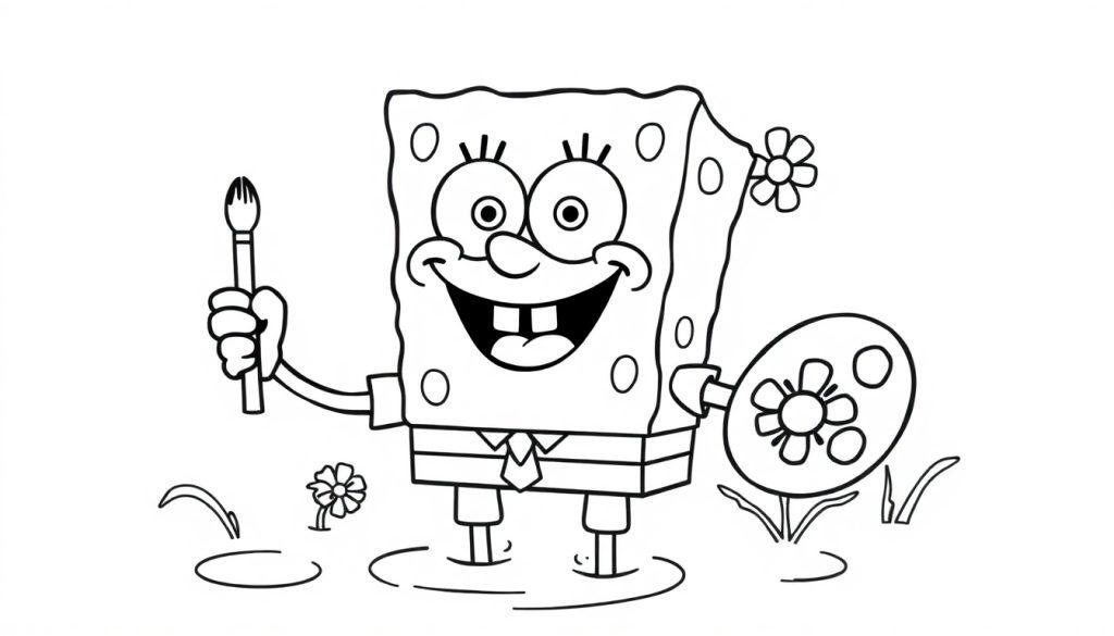 Spongebob Schwammkopf mit Pinsel und Farbtafel im Wasser, umgeben von Blumen.
