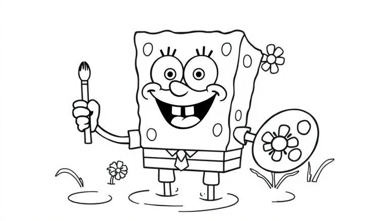 Spongebob Schwammkopf mit Pinsel und Farbtafel im Wasser, umgeben von Blumen.