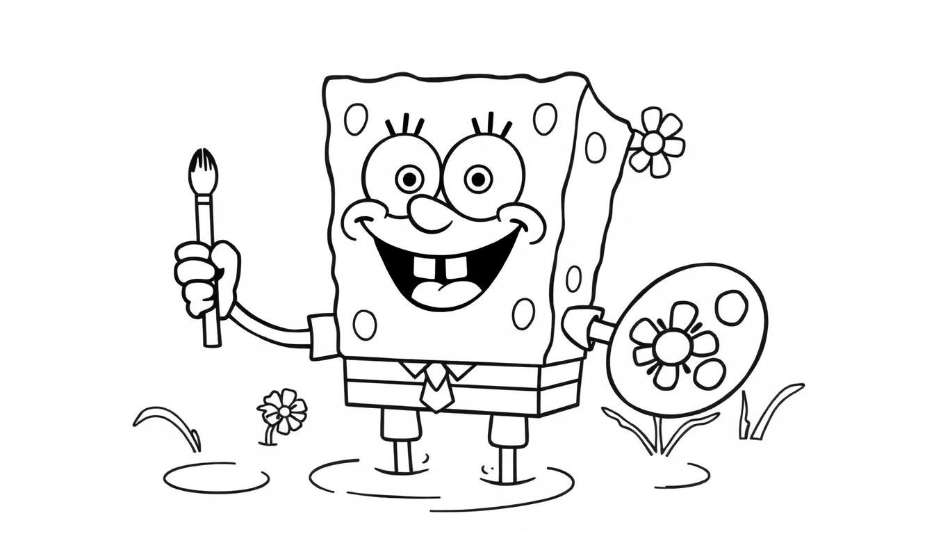 Spongebob Schwammkopf mit Pinsel und Farbtafel im Wasser, umgeben von Blumen.