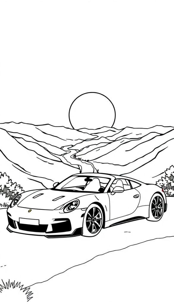 Ausmalbild eines roten Sportwagens vor einer hügeligen Landschaft mit Sonne.