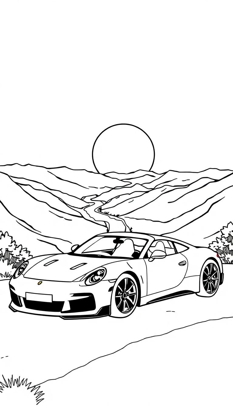 Ausmalbild eines roten Sportwagens vor einer hügeligen Landschaft mit Sonne.