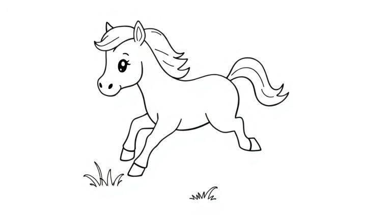 Schwarz-Weiß Farbtafel eines fröhlichen Ponys, das durch die Luft springt.