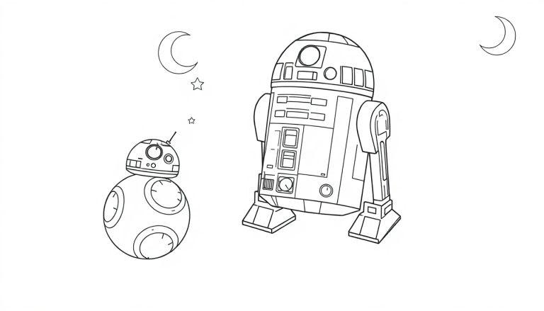 Farbtafel von R2-D2 und BB-8 unter einem Sternenhimmel.