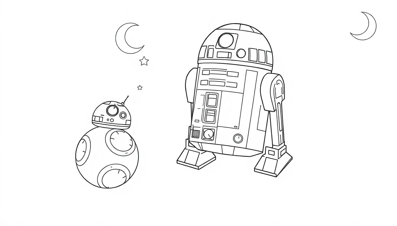 Farbtafel von R2-D2 und BB-8 unter einem Sternenhimmel.