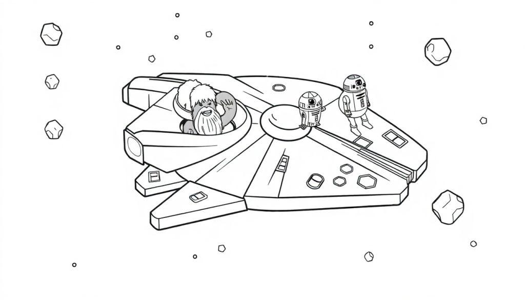 Millennium Falcon Farbtafel mit Chewbacca und Droide.