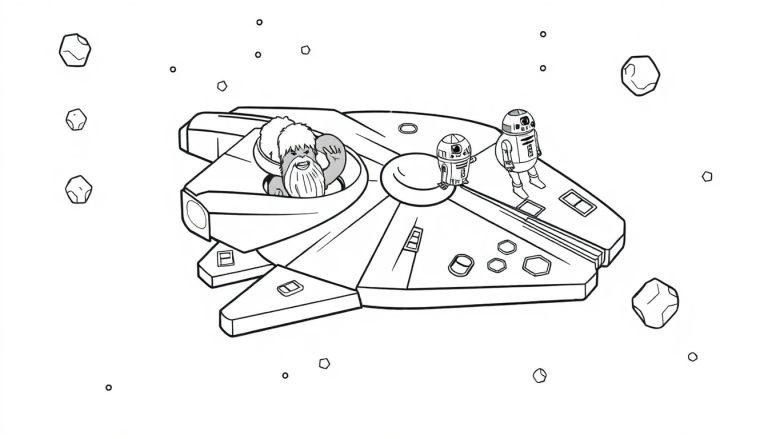 Millennium Falcon Farbtafel mit Chewbacca und Droide.