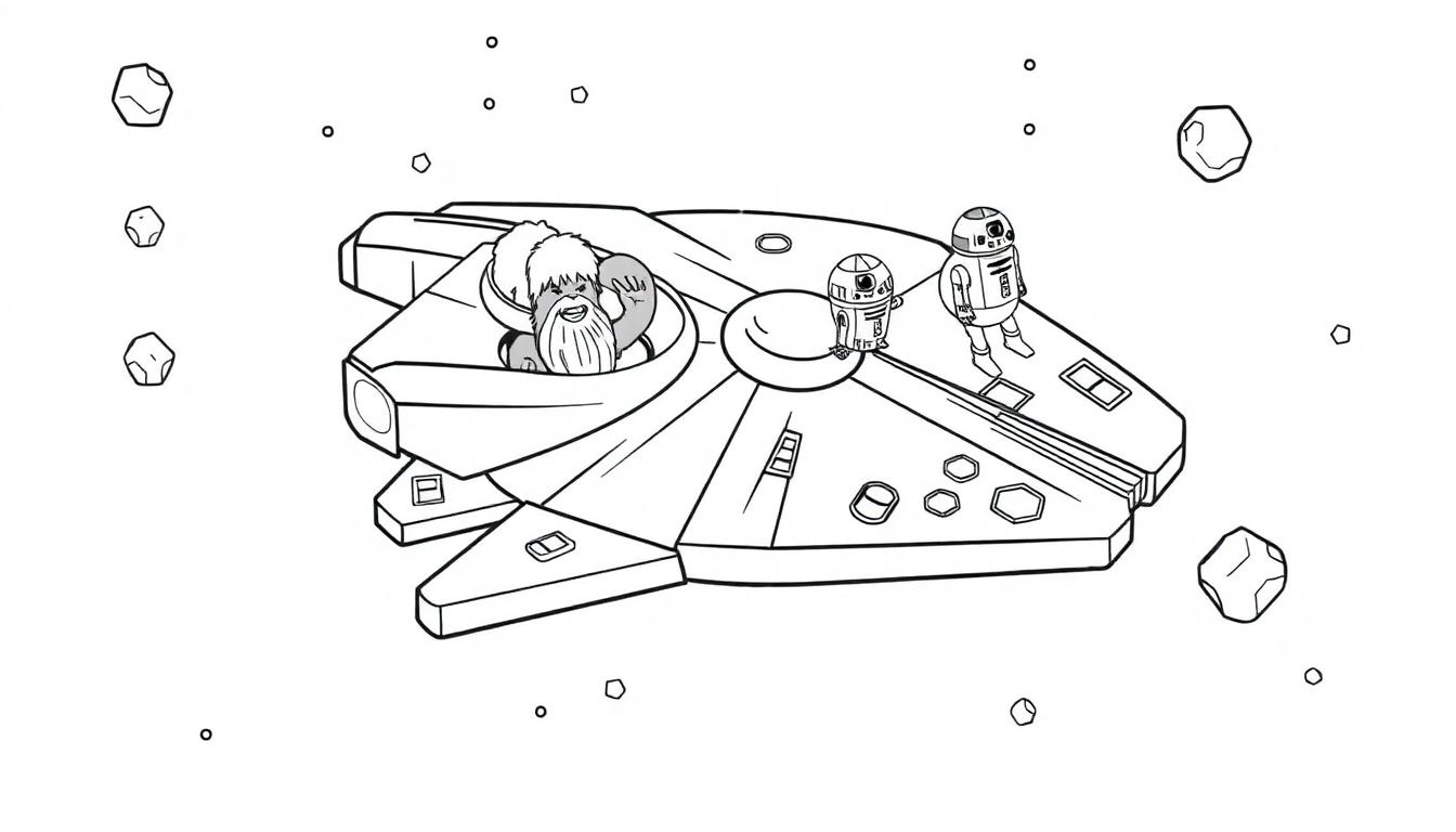 Millennium Falcon Farbtafel mit Chewbacca und Droide.
