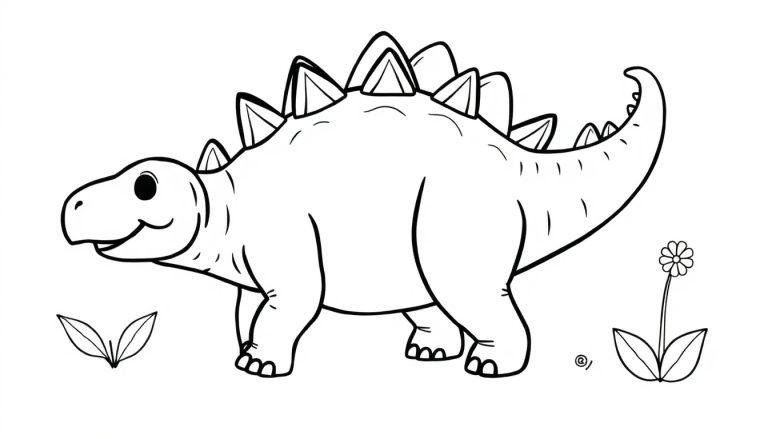 Eine Schwarz-Weiß-Farbtafel eines lächelnden Stegosaurus mit stilisierten Pflanzen.
