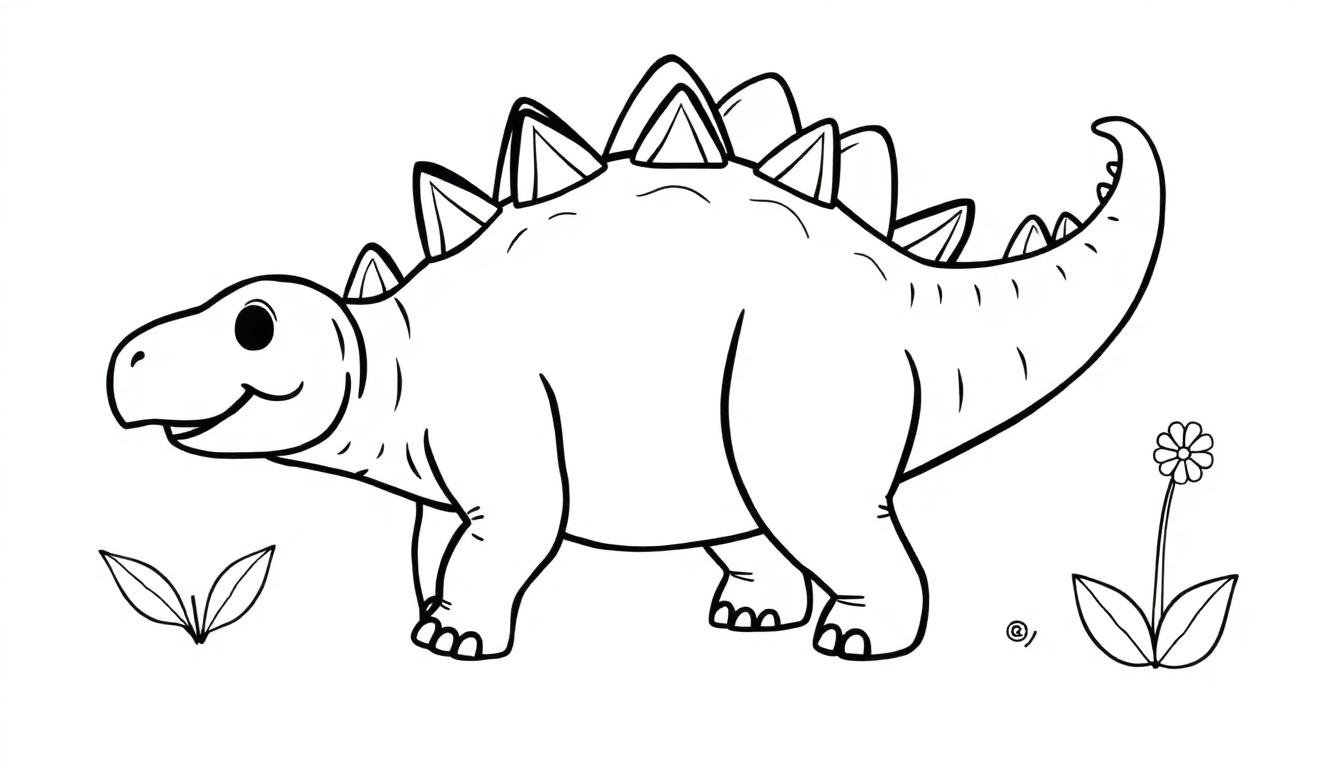 Eine Schwarz-Weiß-Farbtafel eines lächelnden Stegosaurus mit stilisierten Pflanzen.