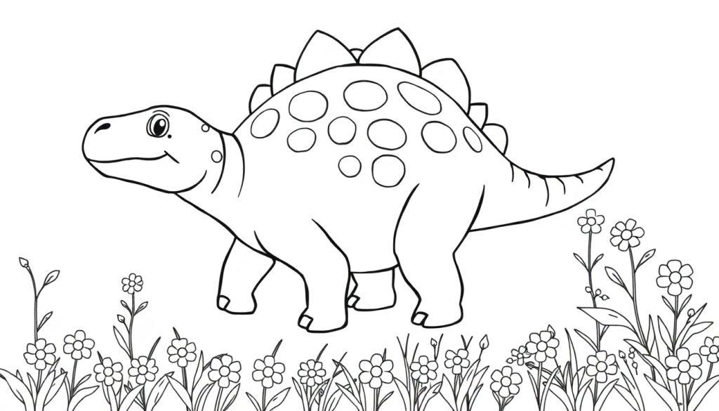 Farbtafel eines freundlichen Stegosaurus auf einer Blumenwiese.