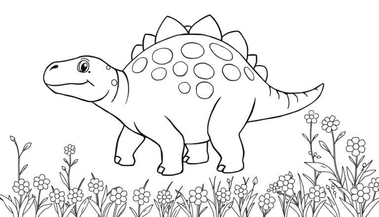 Farbtafel eines freundlichen Stegosaurus auf einer Blumenwiese.