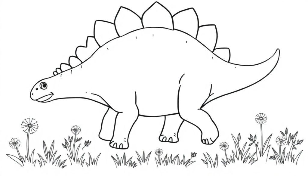 Eine Schwarz-Weiß-Farbtafel eines lächelnden Stegosaurus auf einer Wiese mit Pusteblumen.