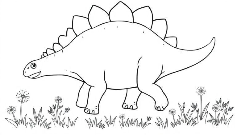 Eine Schwarz-Weiß-Farbtafel eines lächelnden Stegosaurus auf einer Wiese mit Pusteblumen.