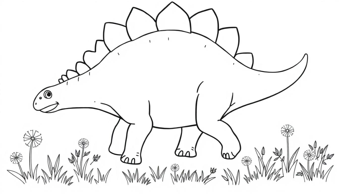 Eine Schwarz-Weiß-Farbtafel eines lächelnden Stegosaurus auf einer Wiese mit Pusteblumen.