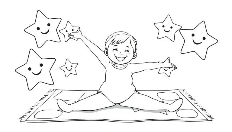 Lächelndes Baby mit ausgestreckten Armen, umgeben von fünf lächelnden Sternen.