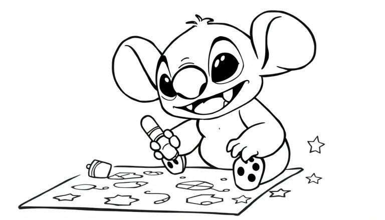 Stich malt auf einer Farbtafel mit Formen und einem Stift.