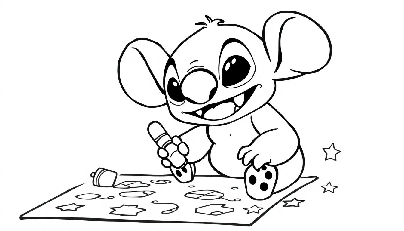 Stich malt auf einer Farbtafel mit Formen und einem Stift.